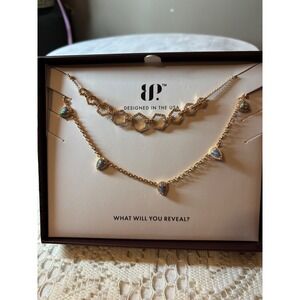Bomb Party Luxe Layers Necklace Set Gold Tone Honeycomb Lab Opal Teardrop New